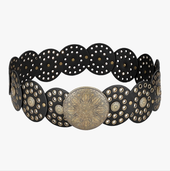 New Round Buckle Y2K Style Belt In Brown/Gold Combo - Picture 2 of 7